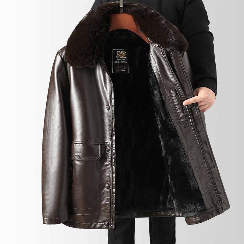 PU кожено яке за мъже със подплата от флис, яка лапел, цип, средна дължина, зима