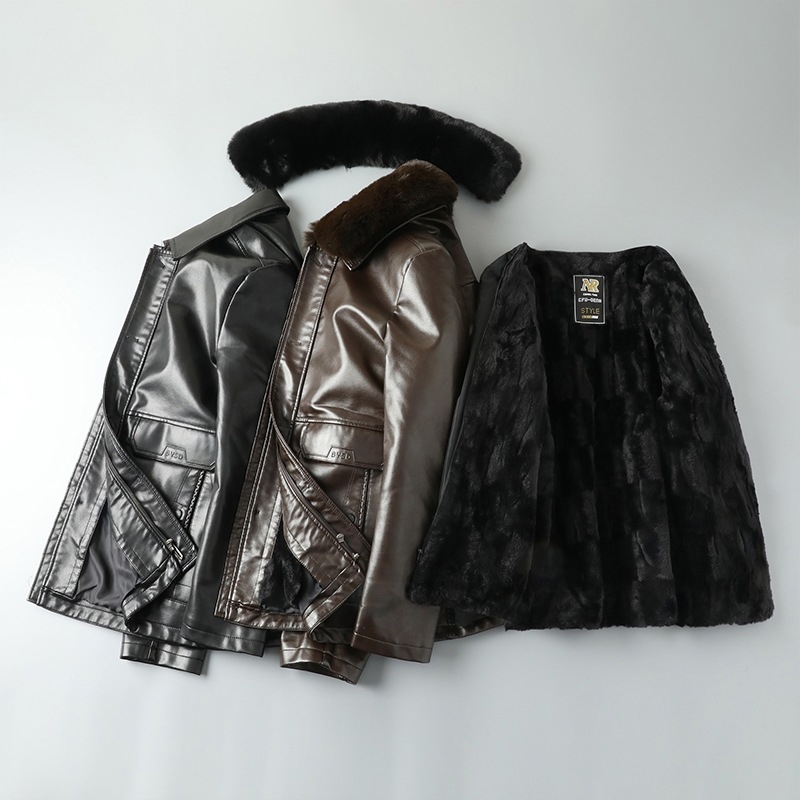 PU кожено яке за мъже със подплата от флис, яка лапел, цип, средна дължина, зима