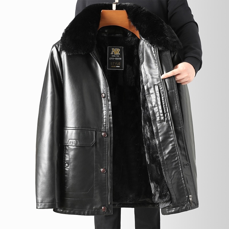 PU кожено яке за мъже със подплата от флис, яка лапел, цип, средна дължина, зима