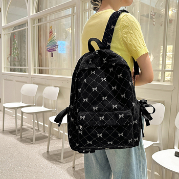 Rucsac școlar din corduroy, bretele curbate, model geometric, capacitate extinsă, stil campus tânăr