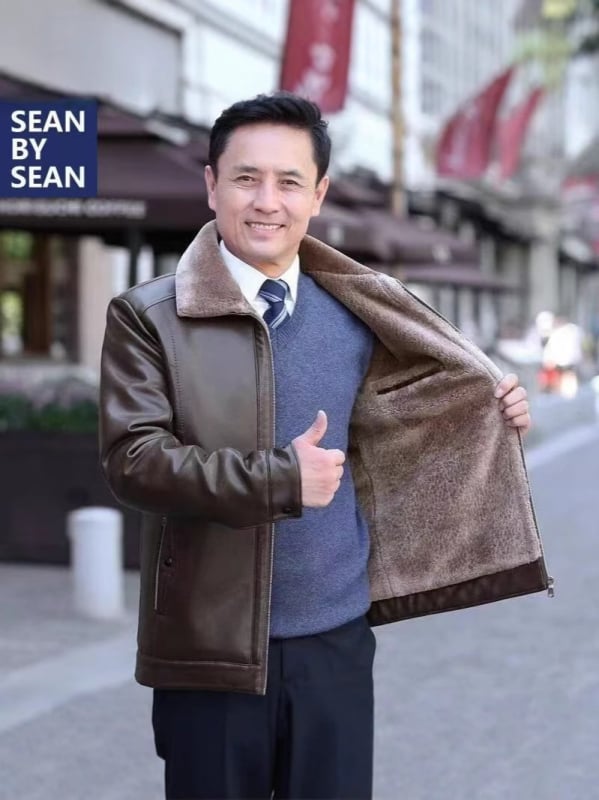 Muška PU kožna jakna s fleece podstavom, srednje duljine, rever, zip, ležernog kroja