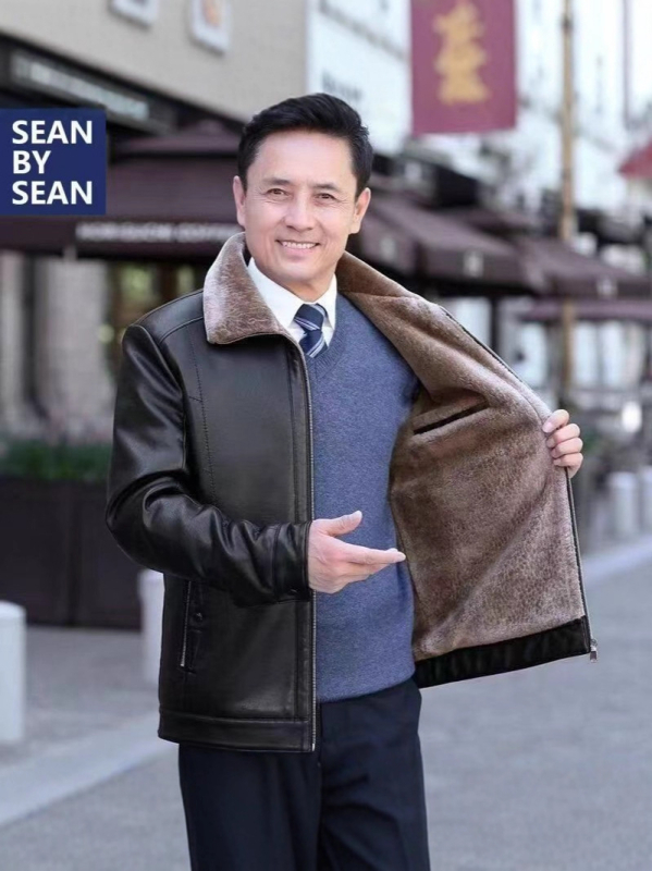 Muška PU kožna jakna s fleece podstavom, srednje duljine, rever, zip, ležernog kroja