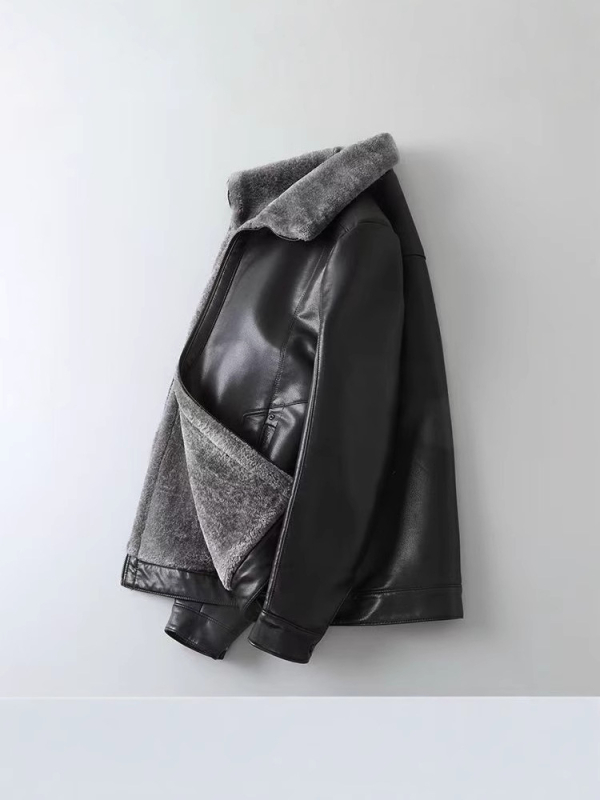 Muška PU kožna jakna s fleece podstavom, srednje duljine, rever, zip, ležernog kroja
