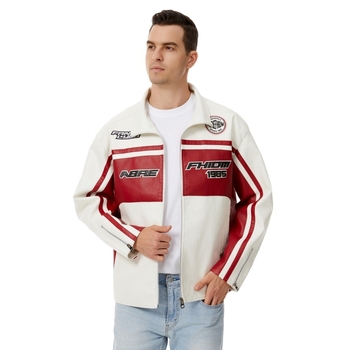 PU кожено яке за мъже, стояща яка, двойно закопчаване, свободна кройка, средна дължина