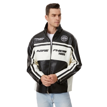 PU кожено яке за мъже, стояща яка, двойно закопчаване, свободна кройка, средна дължина