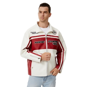 PU кожено яке за мъже, стояща яка, двойно закопчаване, свободна кройка, средна дължина