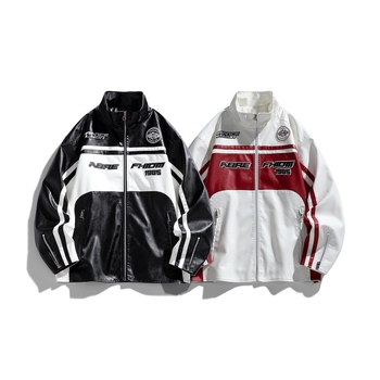 PU кожено яке за мъже, стояща яка, двойно закопчаване, свободна кройка, средна дължина