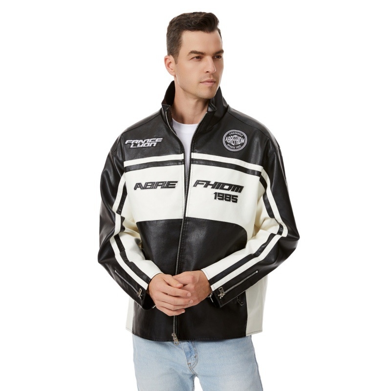 PU кожено яке за мъже, стояща яка, двойно закопчаване, свободна кройка, средна дължина