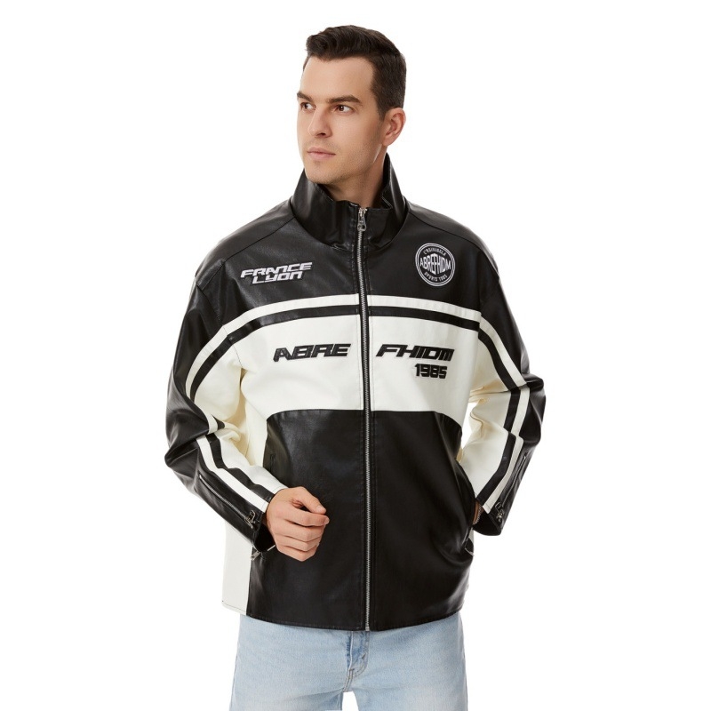 PU кожено яке за мъже, стояща яка, двойно закопчаване, свободна кройка, средна дължина