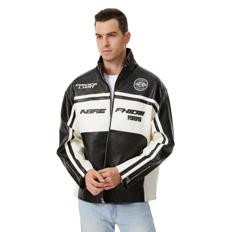 PU кожено яке за мъже, стояща яка, двойно закопчаване, свободна кройка, средна дължина