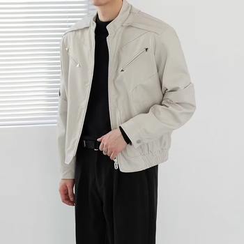 Jachetă din piele PU pentru bărbați, cu guler înălțat, fermoar, croială lejeră, buzunare laterale, streetwear pentru primăvară și toamnă