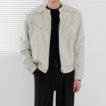 Jachetă din piele PU pentru bărbați, cu guler înălțat, fermoar, croială lejeră, buzunare laterale, streetwear pentru primăvară și toamnă