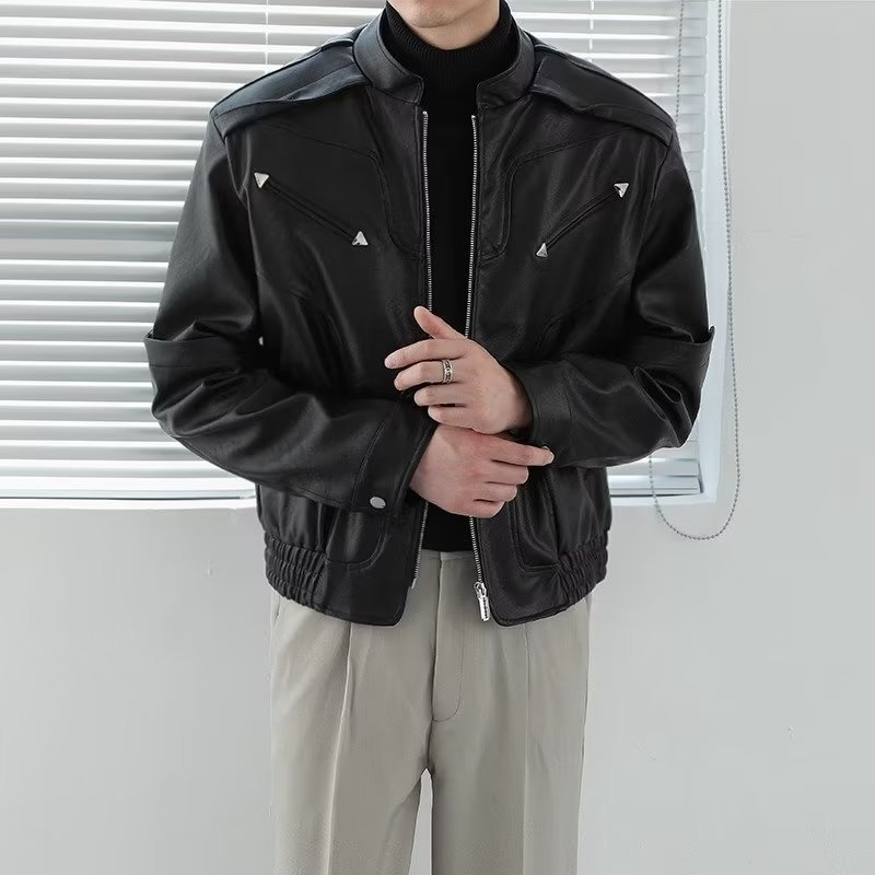 Jachetă din piele PU pentru bărbați, cu guler înălțat, fermoar, croială lejeră, buzunare laterale, streetwear pentru primăvară și toamnă