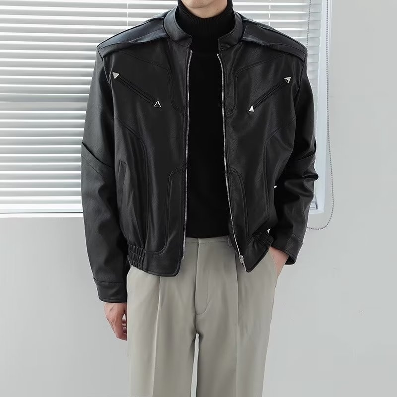 Jachetă din piele PU pentru bărbați, cu guler înălțat, fermoar, croială lejeră, buzunare laterale, streetwear pentru primăvară și toamnă