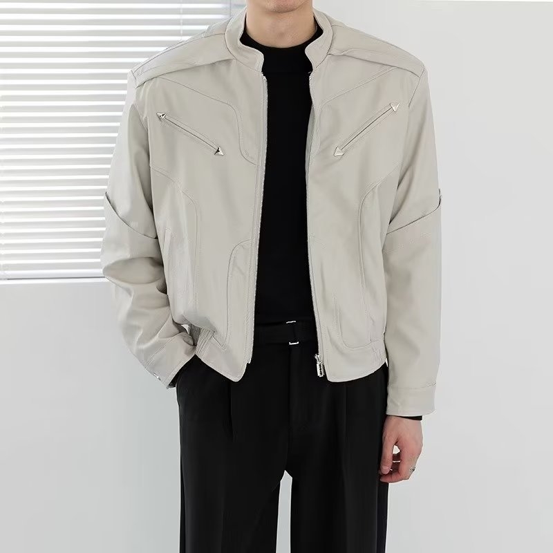 Jachetă din piele PU pentru bărbați, cu guler înălțat, fermoar, croială lejeră, buzunare laterale, streetwear pentru primăvară și toamnă