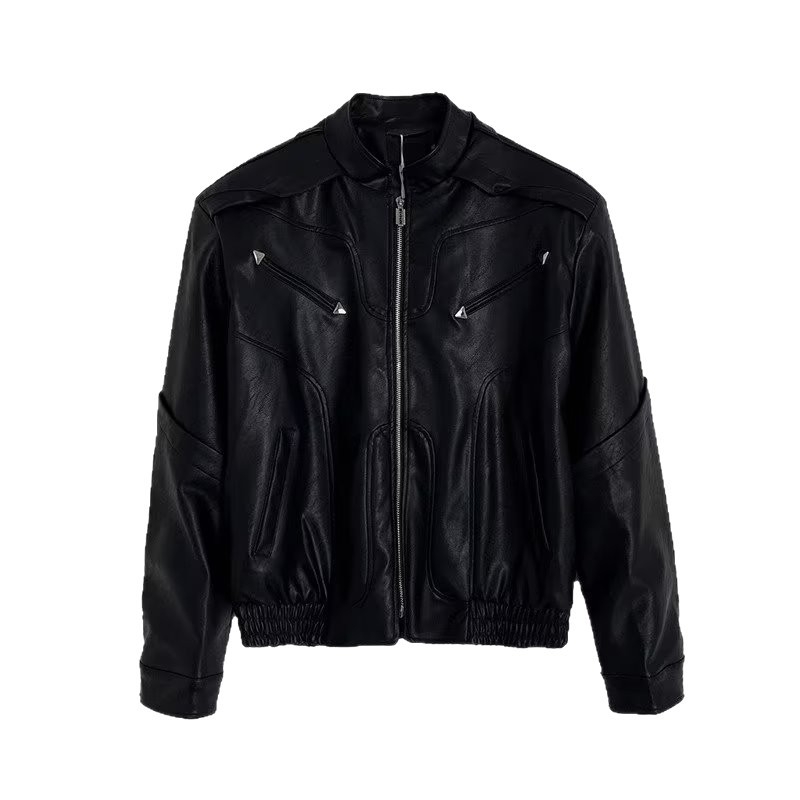 Jachetă din piele PU pentru bărbați, cu guler înălțat, fermoar, croială lejeră, buzunare laterale, streetwear pentru primăvară și toamnă
