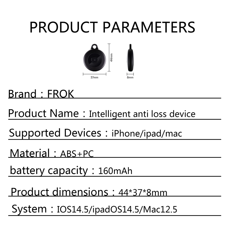 Frok 01a Антиизгубващ локатор с GPS проследяване, IP67 водоустойчив, 160mAh батерия, тегло 6 g, съвместим с Apple iOS