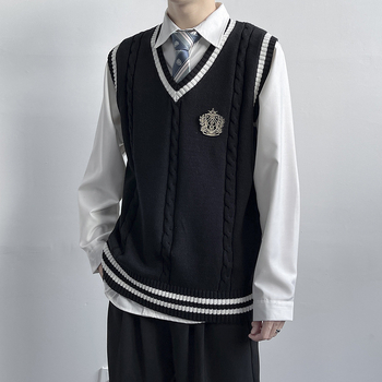 Pletena vesta HK stil, V izrez, bez rukava, color-block uzorak