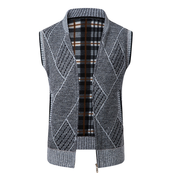 Muška pletena vesta s stojećim ovratnikom, bez rukava, zip, opuštenog kroja, vunena 76–80%