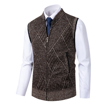 Muška pletena vesta s stojećim ovratnikom, bez rukava, zip, opuštenog kroja, vunena 76–80%