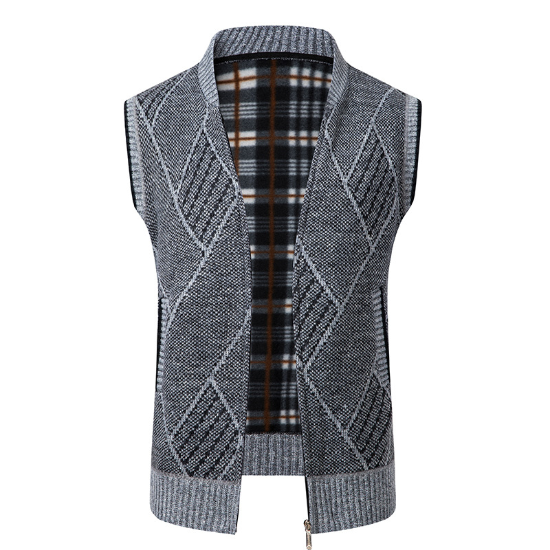 Muška pletena vesta s stojećim ovratnikom, bez rukava, zip, opuštenog kroja, vunena 76–80%