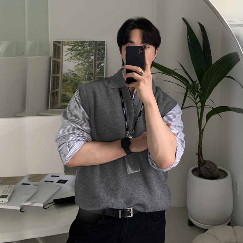 Muški teški pleteni prsluk bez rukava, opušten kroj, rever ovratnik, jednobojni uzorak, pogodan za proljeće i jesen