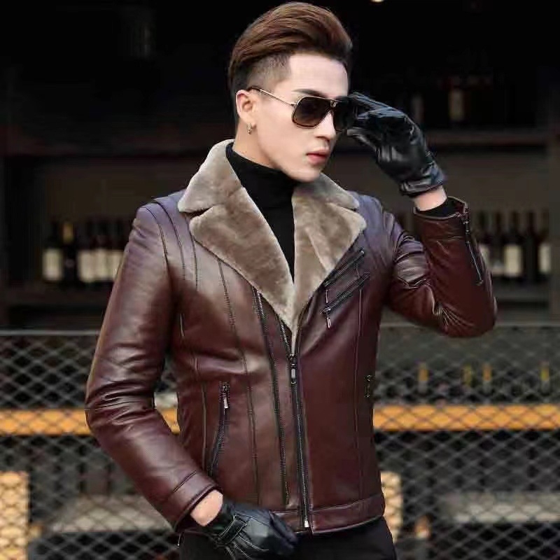 Muška PU kožna jakna s krznom, kratka, korejski stil, ovratnik u stilu sakoa, casual jakna