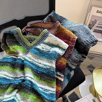 Muški pleteni prsluk – gradientne pruge, stojeći ovratnik, bez rukava, udoban slobodan kroj