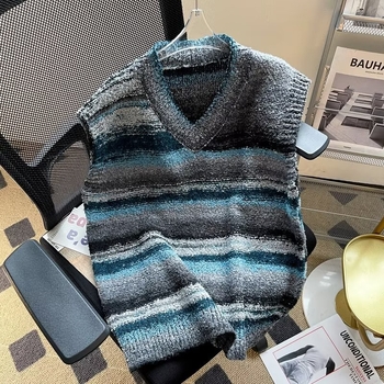 Muški pleteni prsluk – gradientne pruge, stojeći ovratnik, bez rukava, udoban slobodan kroj