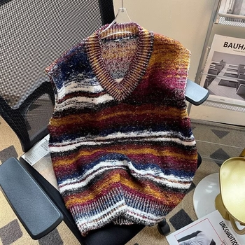 Muški pleteni prsluk – gradientne pruge, stojeći ovratnik, bez rukava, udoban slobodan kroj