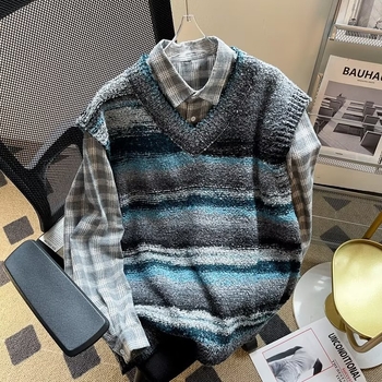 Muški pleteni prsluk – gradientne pruge, stojeći ovratnik, bez rukava, udoban slobodan kroj