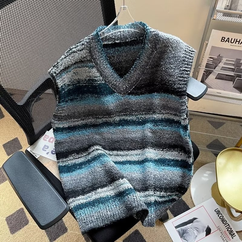 Muški pleteni prsluk – gradientne pruge, stojeći ovratnik, bez rukava, udoban slobodan kroj