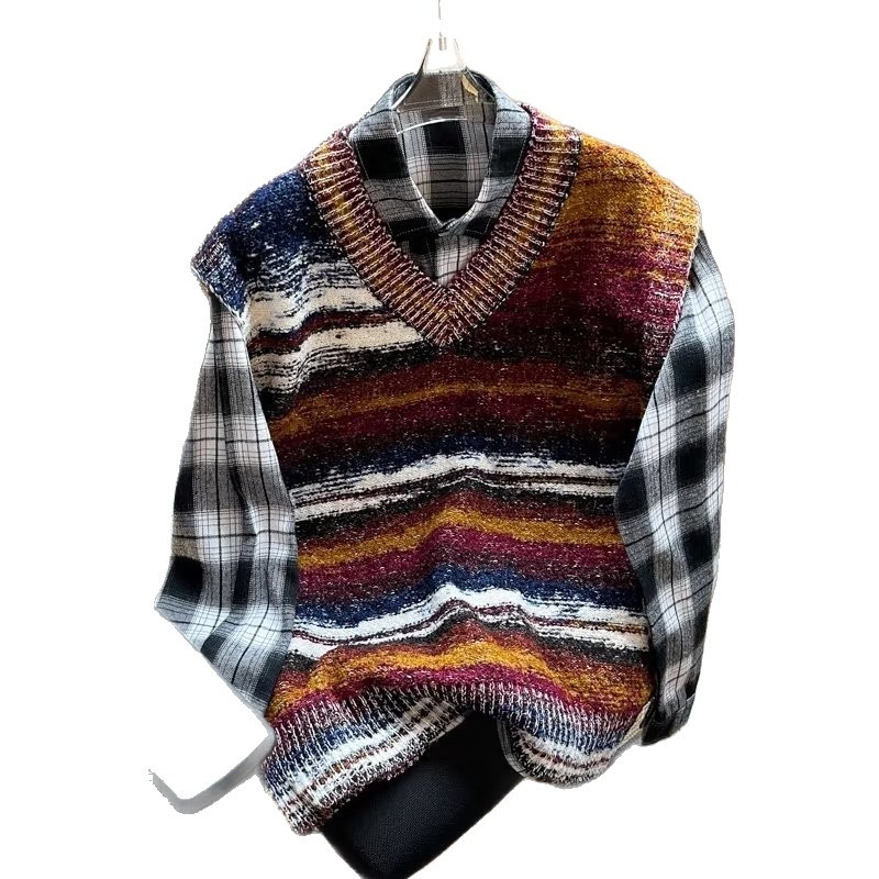 Muški pleteni prsluk – gradientne pruge, stojeći ovratnik, bez rukava, udoban slobodan kroj