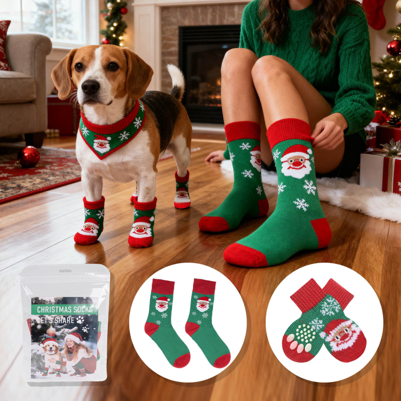 Șosete pentru câini cu model de desene animate, poliester, tricotaj jacquard, universale pentru toate sezoanele, Colecția de Crăciun