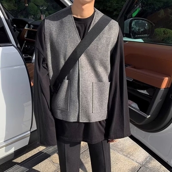 Muški bezrukavni kardigan-vest s zipom, V-izrezom, bez ovratnika, pleteni