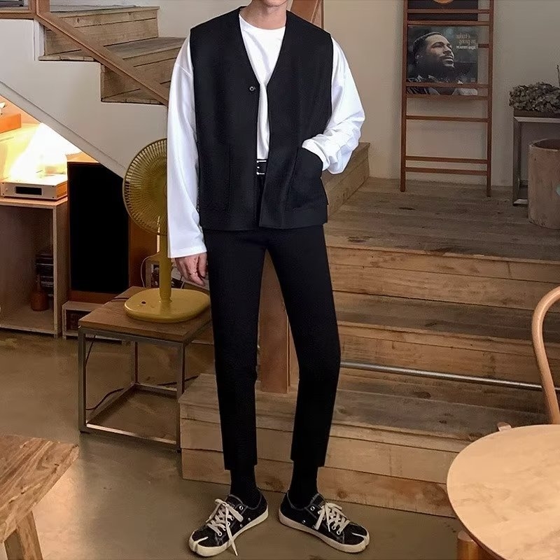 Muški bezrukavni kardigan-vest s zipom, V-izrezom, bez ovratnika, pleteni