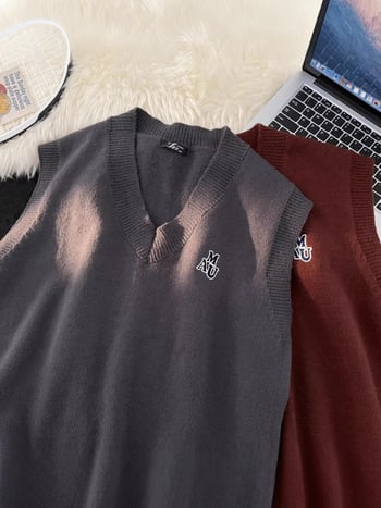 Muški pleteni bez rukava prsluk s V-izrezom, slobodan kroj, mješavina vune 30–35%, proljeće i jesen 2025