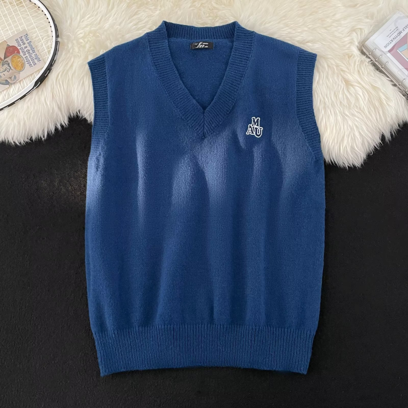 Muški pleteni bez rukava prsluk s V-izrezom, slobodan kroj, mješavina vune 30–35%, proljeće i jesen 2025