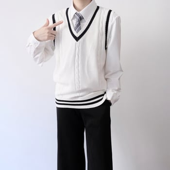 Жилетка от плетена материя в колежански стил за мъже и жени, V-образно деколте, без яка, тънък плетен материал със съдържание 41–45% памук, прилегнал силует, подходящ за пролет и есен
