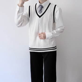 Жилетка от плетена материя в колежански стил за мъже и жени, V-образно деколте, без яка, тънък плетен материал със съдържание 41–45% памук, прилегнал силует, подходящ за пролет и есен