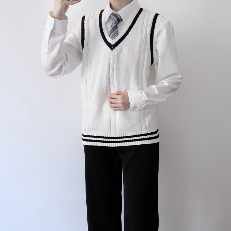 Жилетка от плетена материя в колежански стил за мъже и жени, V-образно деколте, без яка, тънък плетен материал със съдържание 41–45% памук, прилегнал силует, подходящ за пролет и есен