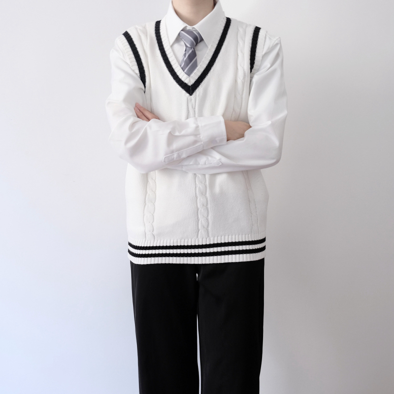 Жилетка от плетена материя в колежански стил за мъже и жени, V-образно деколте, без яка, тънък плетен материал със съдържание 41–45% памук, прилегнал силует, подходящ за пролет и есен