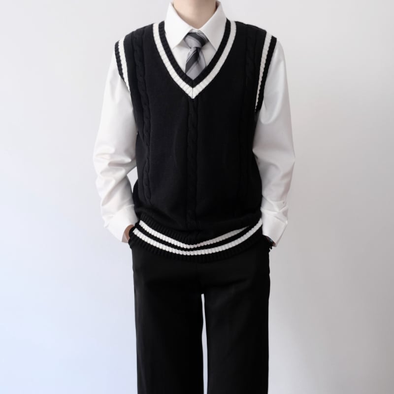 Жилетка от плетена материя в колежански стил за мъже и жени, V-образно деколте, без яка, тънък плетен материал със съдържание 41–45% памук, прилегнал силует, подходящ за пролет и есен