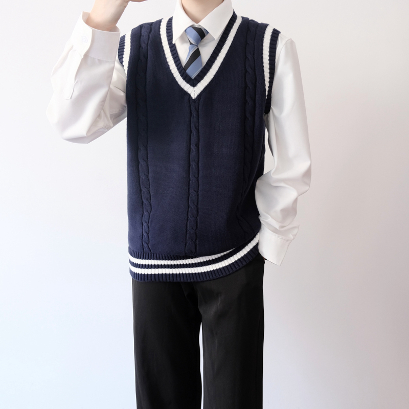 Жилетка от плетена материя в колежански стил за мъже и жени, V-образно деколте, без яка, тънък плетен материал със съдържание 41–45% памук, прилегнал силует, подходящ за пролет и есен