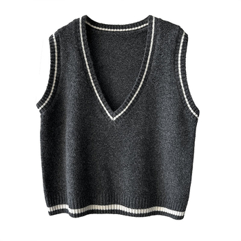 Knit vesta - Japanskog stila Mohair smjesa 30-35%, V-izrez, Color-block pruge, opušten kroj