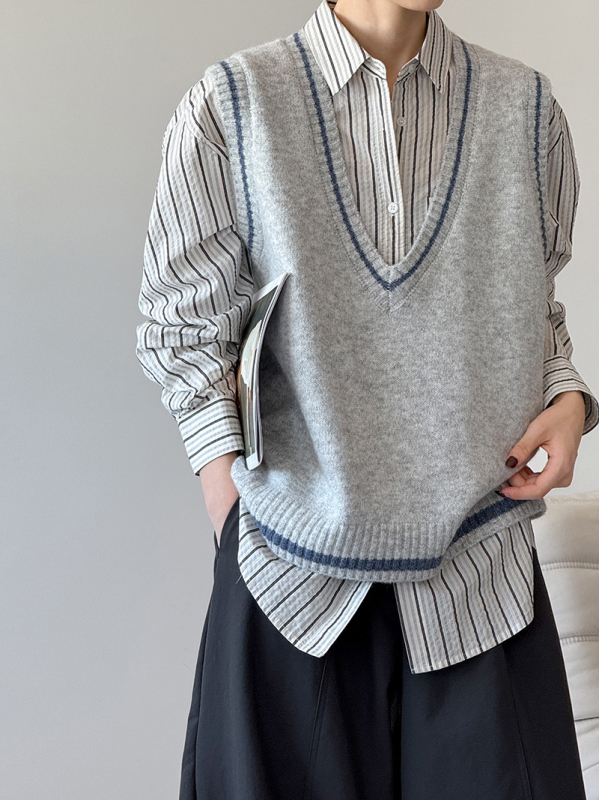 Knit vesta - Japanskog stila Mohair smjesa 30-35%, V-izrez, Color-block pruge, opušten kroj