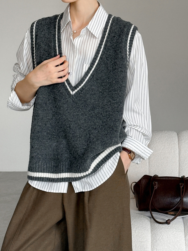 Knit vesta - Japanskog stila Mohair smjesa 30-35%, V-izrez, Color-block pruge, opušten kroj