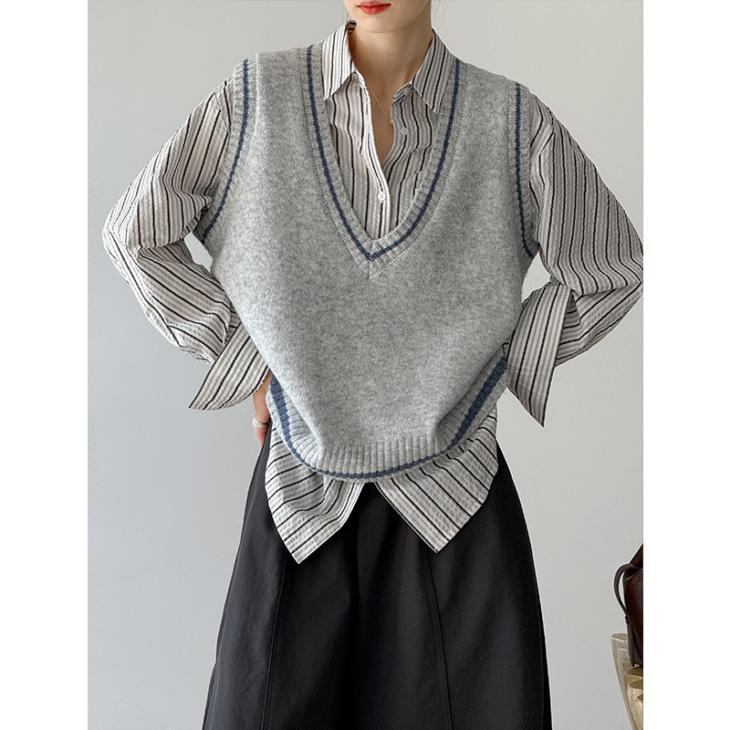 Knit vesta - Japanskog stila Mohair smjesa 30-35%, V-izrez, Color-block pruge, opušten kroj