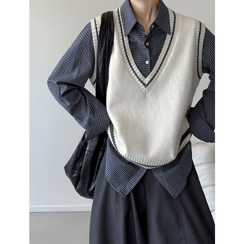 Knit vesta - Japanskog stila Mohair smjesa 30-35%, V-izrez, Color-block pruge, opušten kroj