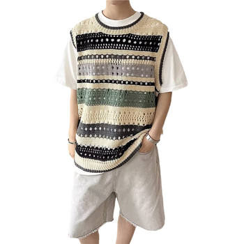 Muški pleteni bez rukava, okrugli ovratnik, prugasti uzorak, vuna od zeca 71–75%, korejski stil